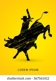 Cowboy on bucking cow jumping, design using grunge brush graphic vector.