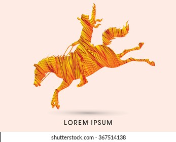 Cowboy On Bucking Horse Jumping, Design Using Fire Grunge Brush Graphic Vector.