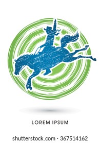 Cowboy on bucking horse jumping, design using grunge brush on grunge circle background graphic vector.