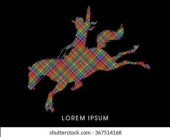 Cowboy on bucking horse jumping, design using line colorful pixels graphic vector.