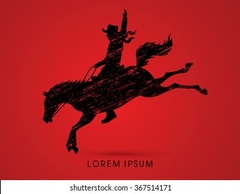 Cowboy on bucking horse jumping, design using grunge brush graphic vector.