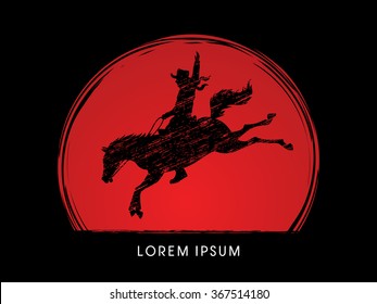 Cowboy on bucking horse jumping, design using grunge brush on sunset background graphic vector.