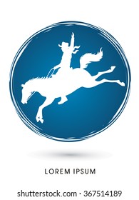 Cowboy on bucking horse jumping, design on grunge cycle background graphic vector.