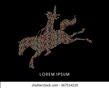 Cowboy on bucking horse jumping, design using colorful triangle mosaic pattern graphic vector.