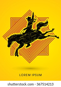 Cowboy On Bucking Horse Jumping, Design On Line Square Background Graphic Vector.