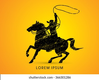 Cowboy on bucking horse running with lasso, designed using grunge brush graphic vector.