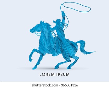 Cowboy on bucking horse running with lasso, designed using grunge blue brush graphic vector.