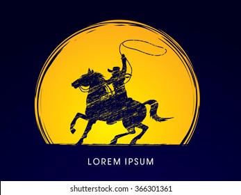 Cowboy on bucking horse running with lasso, designed using grunge brush on moonlight background graphic vector.