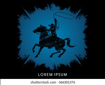 Cowboy on bucking horse running with lasso, designed on grunge brush background graphic vector.