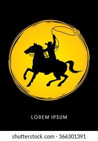 Cowboy On Bucking Horse Running With Lasso, Designed On Moonlight Background Graphic Vector.