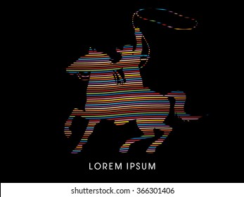 Cowboy on bucking horse running with lasso, designed using line colorful graphic vector.