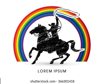 Cowboy on bucking horse running with lasso, designed using grunge brush on rainbows background graphic vector.