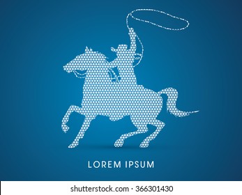 Cowboy on bucking horse running with lasso, designed using line geometric pattern graphic vector.