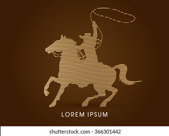Cowboy on bucking horse running with lasso, designed using gold line graphic vector.