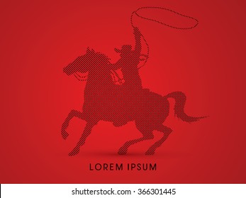 Cowboy on bucking horse running with lasso, designed using dot and spots graphic vector.
