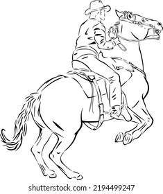 Cowboy On Fast Running Horse, Outline Vector Illustrations Design 