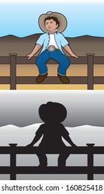 Cowboy on fence in color and silhouette