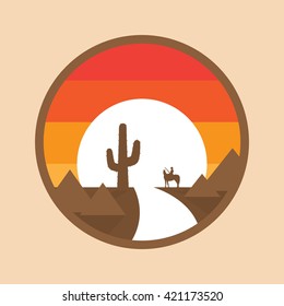 Cowboy on a horse in the desert, cactus, sunset. Vector illustration of round background