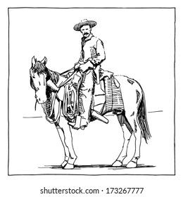Cowboy on  horse drawing on white background