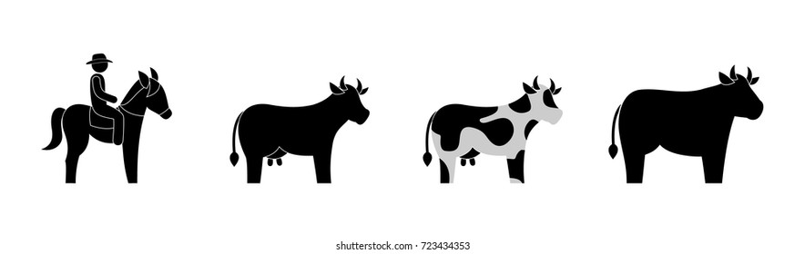 cowboy on horse grazing cows and bull, isolated set of pictograms, stick figure vector icons