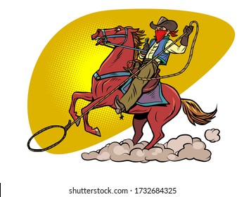 cowboy on a horse with a lasso. Comics caricature pop art retro illustration drawing