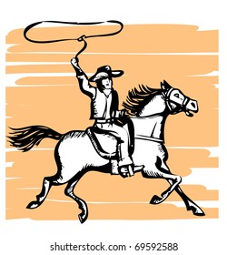 Cowboy On Horse With Lasso.vector Graphic