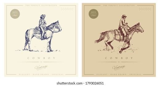 Cowboy on horse retro vintage illustration. For logo and print