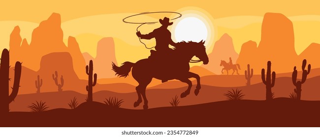 Cowboy on horse sticker colorful with rider using lasso and galloping through wilderness of wild west during sunset vector illustration