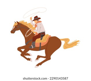 Cowboy on horse throwing lasso, flat vector illustration isolated on white background. Traditional wild west character riding horse. Concepts of western, ranch and rodeo.