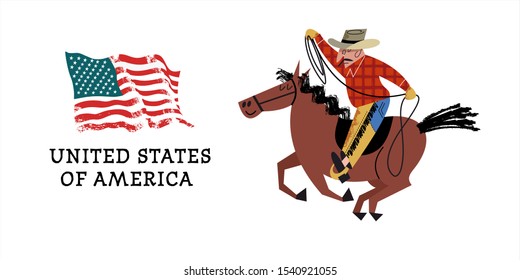 Cowboy on horseback. American flag. Vector illustration on white background.