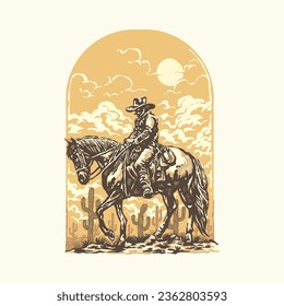 Cowboy on horseback in the desert with cactus and orange sunset sky