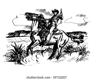 Cowboy On Horseback - Retro Clip Art