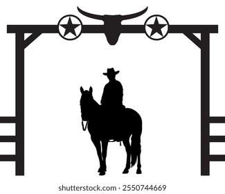 A cowboy on horseback in silhouette is under a ranch gate entrance with steer and stars