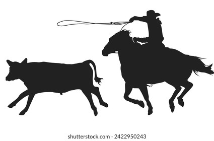 cowboy on horseback throws a lasso at a steer, isolated vector silhouette