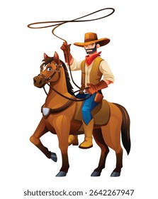 Cowboy on horseback, twirling a lasso, showcasing his skills in the Wild West. Vector cartoon illustration