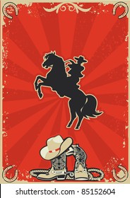 Cowboy on horse.Vector red poster background for text