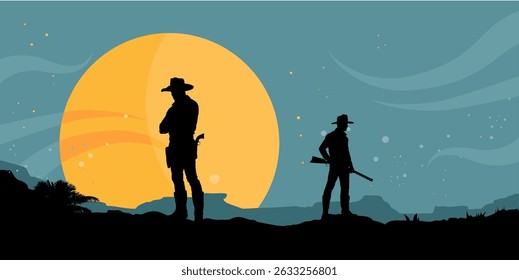 Cowboy on prairie at sunset – vector illustration