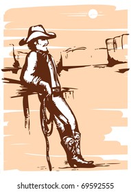 Cowboy on rancho with lasso.Vector graphic image.