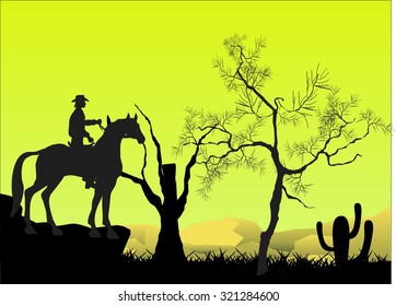 Cowboy on rocks and trees black silhouettes