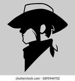 Cowboy outlaw symbol side view on gray backdrop. Design element