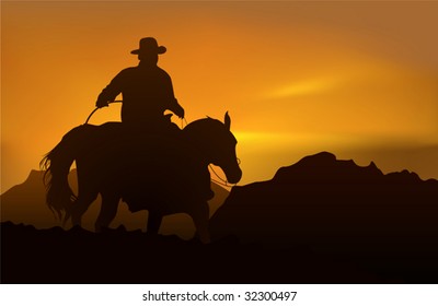 Cowboy over realistic mountains and sunset