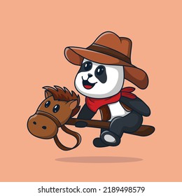 Cowboy panda icon riding a horse smiling happily