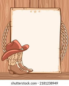 Cowboy Paper Background For Text. Vector Western Illustration With Cowboy Boots And Hat And Lasso On Wood Texture.