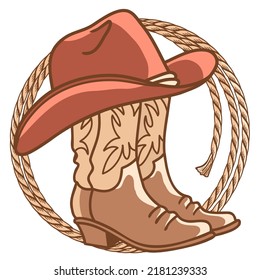 Cowboy paper background for text. Vector western illustration with cowboy boots and hat and lasso on wood texture.