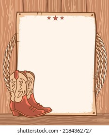 Cowboy Paper Background For Text. Vector Western Illustration With Cowboy Boots And Rodeo Lasso On Wood Texture.