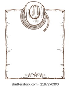 Cowboy paper background. Vector hand drawn illustration with Country cowboy hat, lasso on white background.