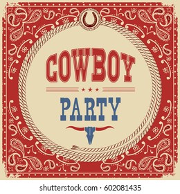 Cowboy Party Card Background With Rope And Western Decoration.Vector Illustration For Design