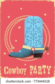 Cowboy party card background with western boot and lasso.Vintage western poster with text