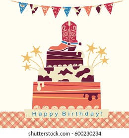 Cowboy party card with big cake and cowboy shoe on sweet cake.