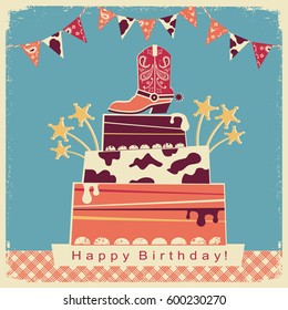 Cowboy party card with big cake and cowboy shoe.Retro card on old paper background with text